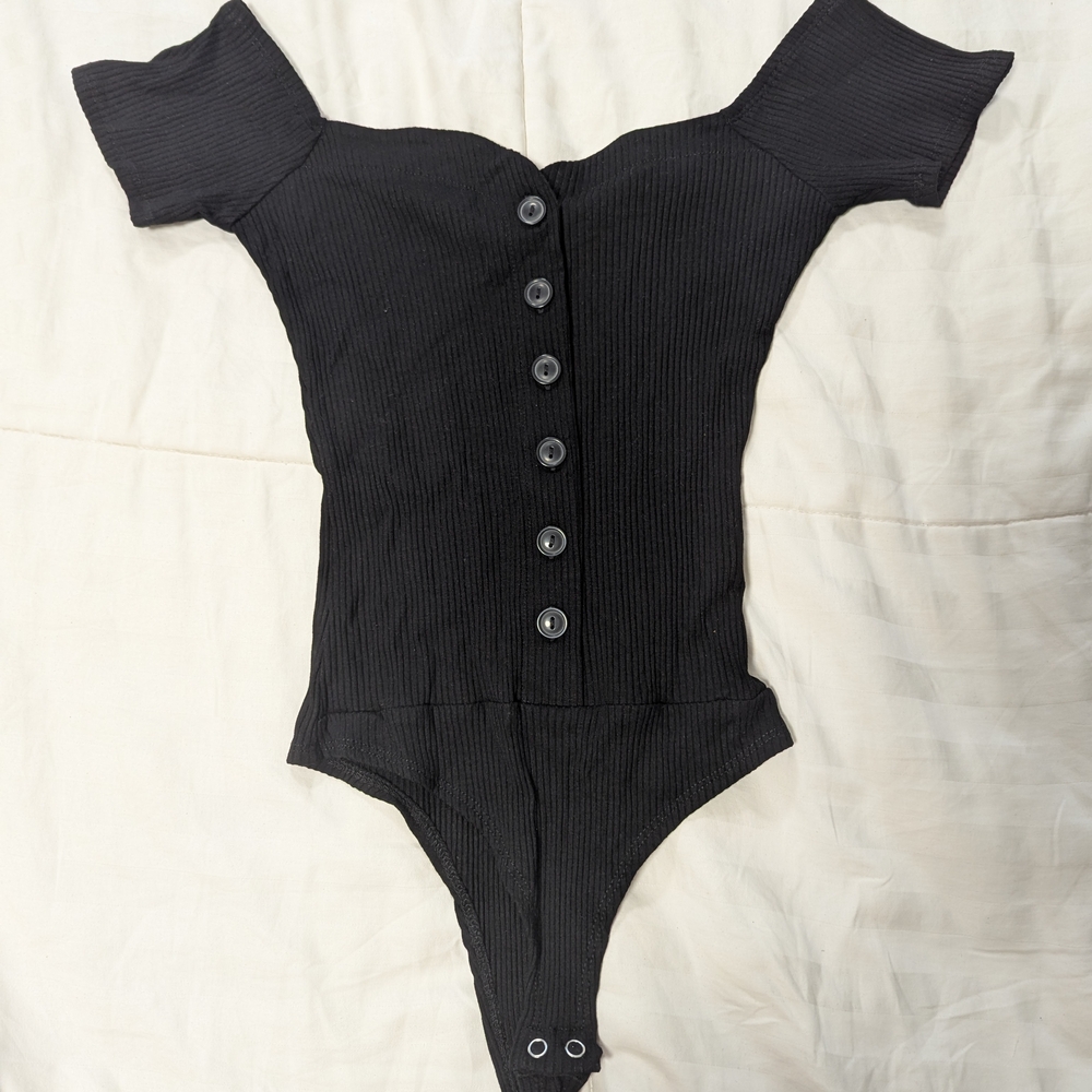 Black Ribbed Off The Shoulder One Piece Bodysuit XS
